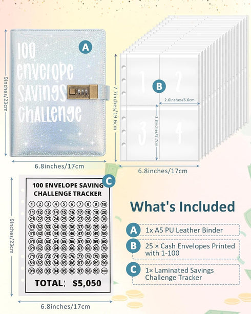 100 Envelope Challenge Binder with Lock - A5 Money Saving Budget Binder Easy and Fun Way to Save $5,050 Savings Challenges Book with Envelopes (Bl...