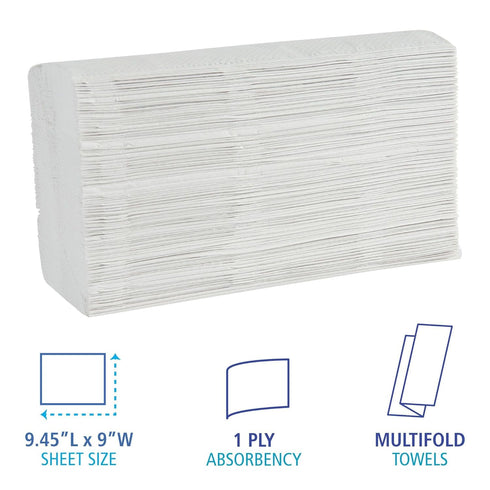 Boardwalk Multifold Disposable Bathroom Paper Hand Towels, 1-Ply, 9 x 9.45, 250 Towels/Pack, 16 Packs/Carton, White...