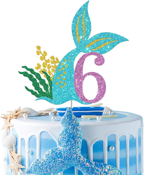 Mermaid Six Cake Topper, Happy 6th Birthday Cake Decor, I'm Six Sign, Little Mermaid Birthday Party Decoration Supplies, Daughter of the Sea, Unde...