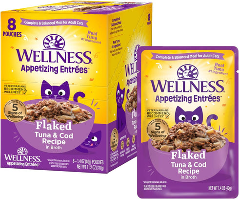 Wellness® Appetizing Entrées™ Flaked Tuna & Cod Recipe in Broth Natural Wet Cat Food, 1.4 oz Pouch (Pack of 8)...