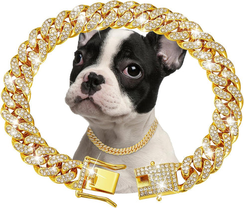 Gold Dog Chain Collar Diamond Cuban Link Dog Collar 13mm Wide Dog Necklace Metal Cat Chain Pet Crystal Collar Jewelry Accessories for Small Medium...
