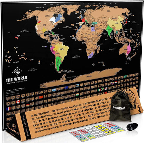 Landmass Scratch Off World Map, Deluxe Travel Tracker with Flags, Detailed Cartography, Gift Idea for Travelers, Wall Art, Home or Office Decor, 1...
