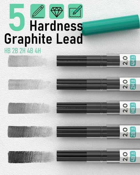 Nicpro Blocky Gear 2mm Mechanical Pencils in Case, Metal Drafting Lead Holder with 6 Tubes 2mm Lead Refill (HB 2B 2H 4B 4H & Colors) Sharpeners, E...