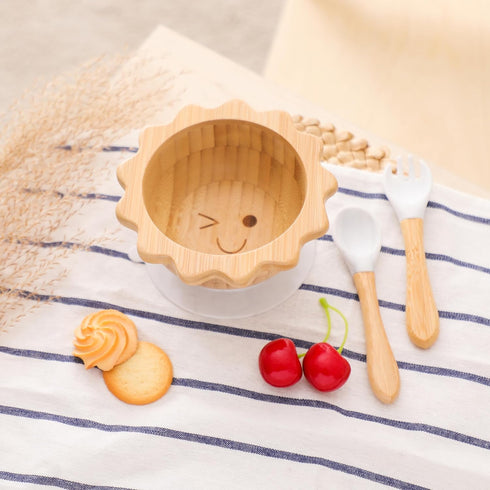 Bamboo Suction Bowl for Baby Kid Toddler Bowl Spoon Fork Set with Removable Silicone Suction All-Natural Baby Feeding Set for Baby-Led Weaning Fit...