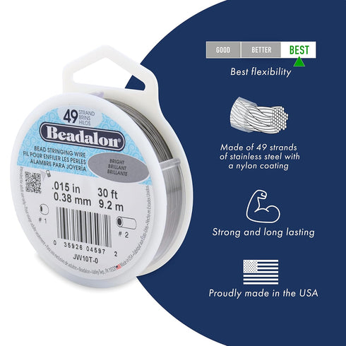 Beadalon 49 Strand Stainless Steel Bead Stringing Wire, 030 in / 0.76 mm, Bright, 30 ft / 9.2 m...