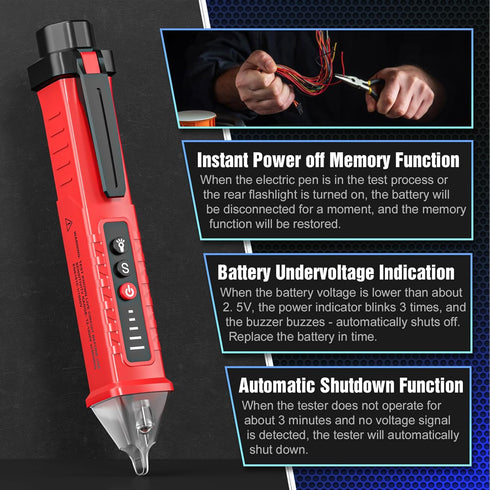 Voltage Tester HS-3201 Red,Non Contact Voltage Tester AC, Multi-Function Electricity Detector Pen 90V-1000V with LED Flashlight Buzzer Alarm Wire ...