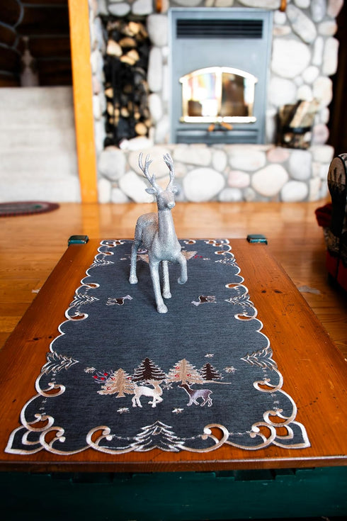 Embroidered Christmas Holiday Silver Reindeer & Christmas Scene on Dark Gray Rectangle Table Runner, Dresser Scarf (16Wx33L)...