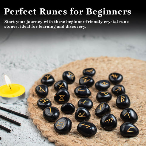 Crocon Black Tourmaline Gemstone Elder Futhark Alphabet Engraved Symbol Rune Stone 25 pcs Set for Feng Shui Chakra Balancing Reiki Healing Spiritu...