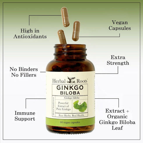 Herbal Roots Ginkgo Biloba Made with Pure Organic Ginkgo Leaf - 1,400mg per Serving, 60 Vegan Capsules...