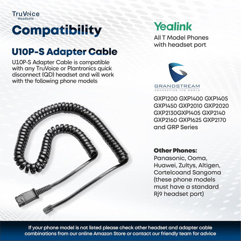 TruVoice U10P-S Adapter for Plantronics and TruVoice Quick Disconnect (QD) Headsets - RJ9 Jack is Compatible With Yealink, Grandstream and Snom De...