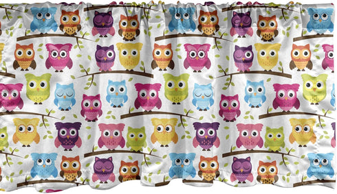 Lunarable Owls Window Valance, Owls in The Forest Woodland Celebration Friendship Togetherness Themed Art Print, Curtain Valance for Kitchen Bedro...