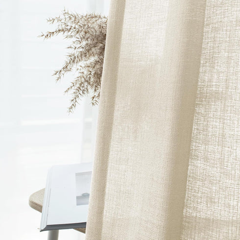 Melodieux Beige Semi Sheer Curtains 63 Inch Length for Bedroom Living Room, Farmhouse Linen Texture Light Filtering Home Office Shiny Sheer Drapes...