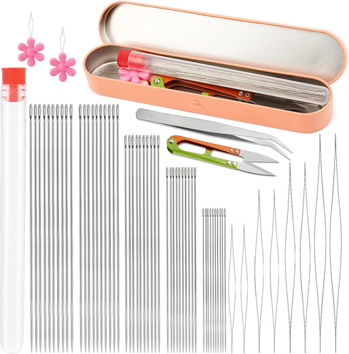 58 Pcs Beading Needles Set,50 Pcs Long Straight Beading Thread Needles, 8 Pcs Big Eye Beading Needles with Threader, Needle Bottle, Yarn Scissors,...