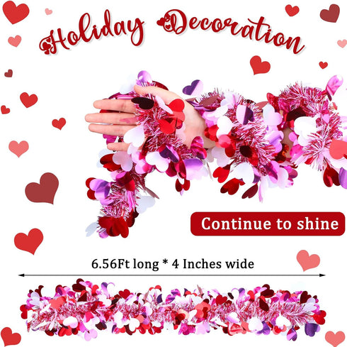 Janinka 6 Pcs Valentine's Day Tinsel Garland Total 39ft Red and White Heart Metallic Garland Decor Valentines Heart Twist Tinsel for Mantle Weddin...