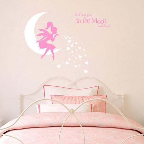 Fairy Wall Decal, I Love You to The Moon and Back, Fairy Wall Sticker for Girl, Kids Bedroom Wall Decals, Nursery Decor(A19) (Soft Pink,White)...