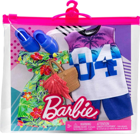 Barbie & Ken Fashions 2-Pack Clothing & Accessories Set, 1 Tropical Dress & Tote for Barbie Doll & 1 Tropical Shirt & Shorts Outfit with Shoes for...