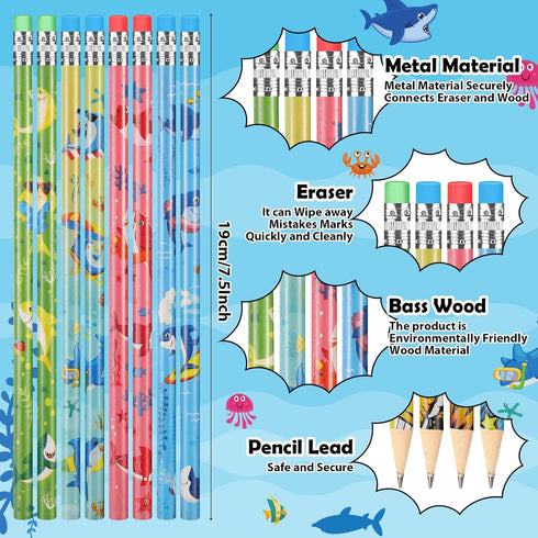 Geyee 36 Pcs Space Pencils for Kids Hawaiian Themed Party Favors Assorted Shark Pencils Novelty Wood Pencils Fun Designs Writing Pencils with Eras...