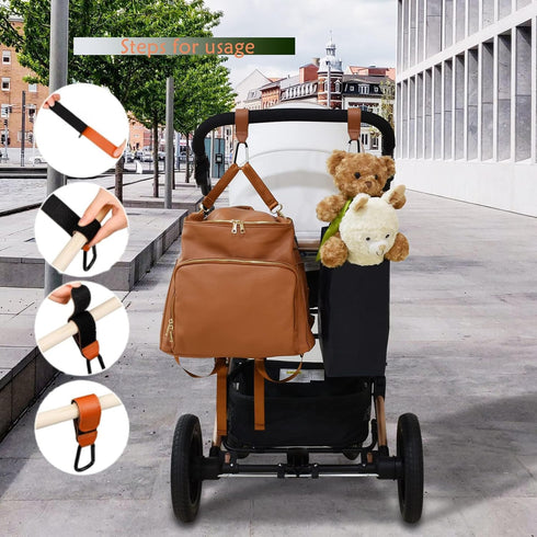 2 PCS Durable Leather Style Stroller Clip Straps, Baby Stroller Hooks for Diaper Bags Grocery Shopping Bags, Mommy Hook for Stroller Stroller Hook...