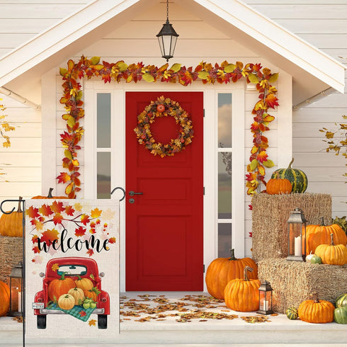 Fall Welcome Garden Flags for Outside,Truck with Pumpkins Maple Leaves,Harvest Decorative Farmhouse Flag for Patch,12.5 x 18 Inch Double Sided,Sma...