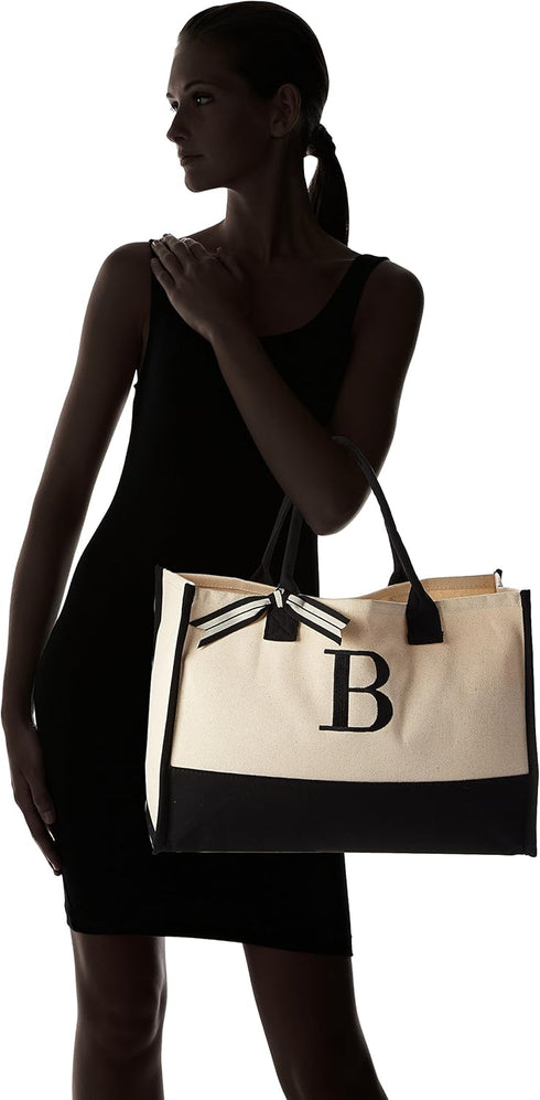 Mud Pie Classic Black and White Initial Canvas Tote Bags (B), 100% Cotton, 17" x 19" x 2"...