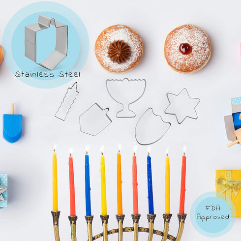 Hanukkah Fun Stainless Steel Cookie Cutters Molds Set of 5 Chanukah Story Shapes - Menorah - Dreidel - Candle - Maccabee Shield - Star of David...