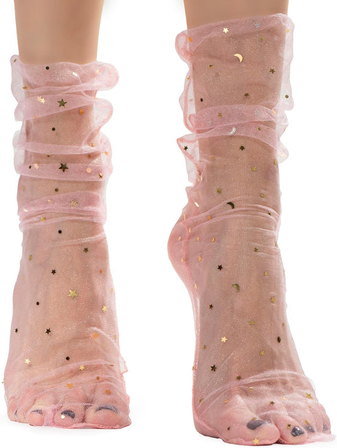 Pink Lace Bloom: Women Sheer Slouch Tulle Socks | Shiny Glitter Novelty Decorated Loose Socks with Stars & Moon - Ankle High 1 Pair (US sizes 5-8)...