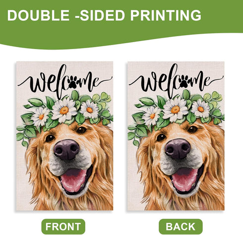Welcome Spring Dog Golden Retriever Decorative Garden Flag, Puppy Yard Outside Decorations, Summer Farmhouse Outdoor Small Home Decor Double Sided...