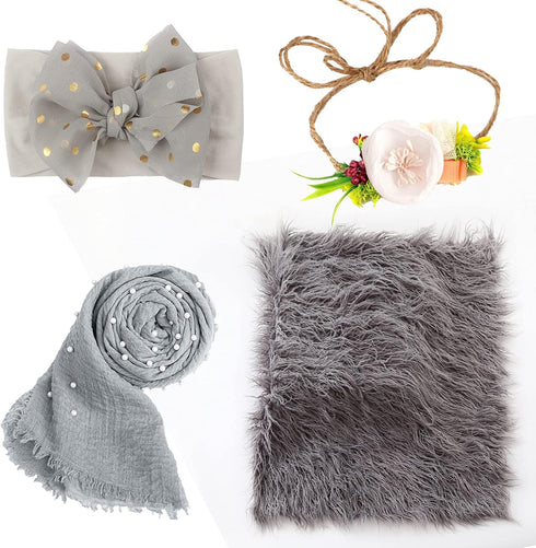 SPOKKI 4 Pcs Newborn Photography Props Outfits- Baby Long Ripple Wrap and Toddler Swaddle Blankets Photography Mat with Cute Headbands for Infant ...