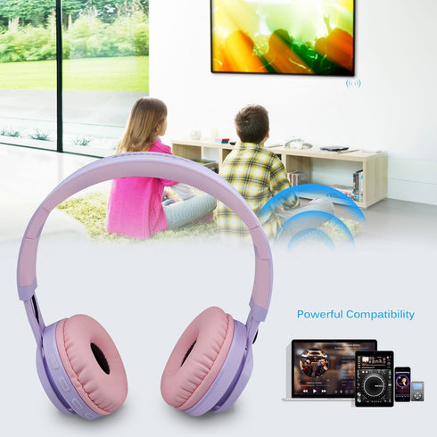 Riwbox WT-7S Kids Bluetooth Headphones Light Up, Foldable Stero Wireless Headset with Microphone and Volume Control for PC/Tablet/TV/Travel (Purpl...