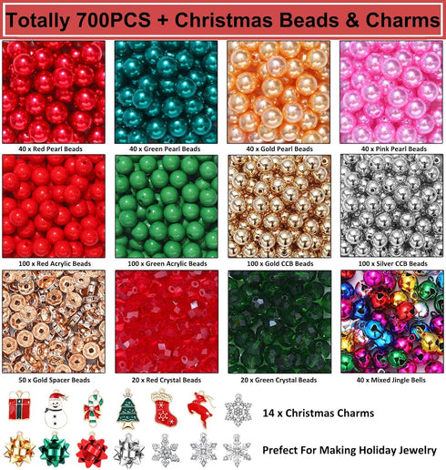 700PCS Christmas Beads Charms for Jewelry Making, Assorted Red Green Beads with Crystal Beads, Spacer Beads, Jingle Bells and Xmas Charms for Brac...