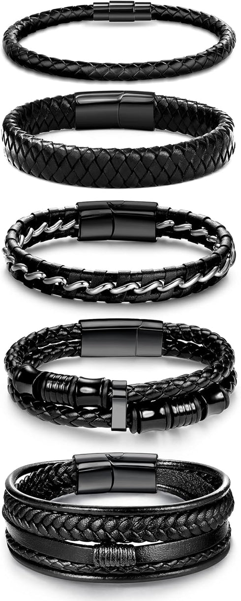 SAILIMUE 5 pcs Black Leather Bracelets for Men Women Braided Leather Wristband Cuff Bracelets Set 7.5-8.5 inch...