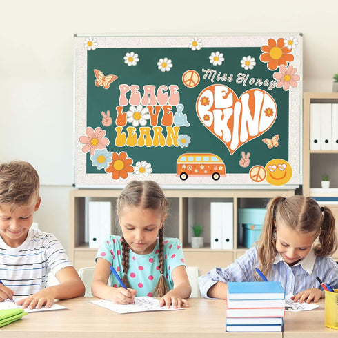 Whaline 67Pcs Retro Boho Classroom Bulletin Board Decoration Kit Pink Groovy Hippie Bulletin Board Set Daisy Heart Butterfly Cutouts with Glue Poi...