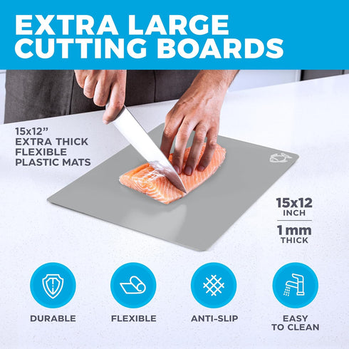 Extra Thick Flexible Cutting Mat Set With Food Icons & "EZ-Grip" Back (Set Of 4 Mats) - Flexible Cutting Boards for Kitchen - Flexible Plastic Cut...