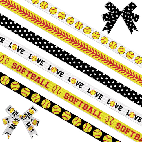 6 PCS Sports Softball Ribbons for Crafting, 3/8" Width Grosgrain Ribbon Sports Roll Ball Ribbon Softball Baseball Craft Ribbons for Sports Party D...