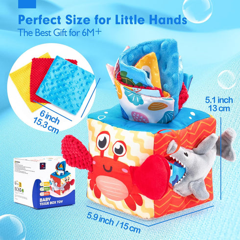 hahaland Baby Tissue Box Toy - Baby Toys 6-12 Months Montessori Toys for 6 Month Old Toys with Textured Tails, Cloth Tissues, Crinkle, Squeaky Sou...