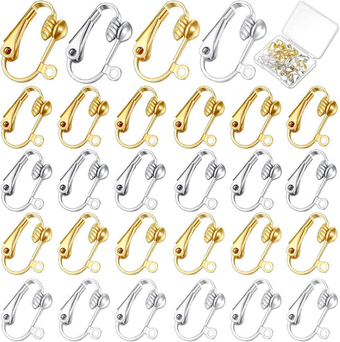 Clip on Earring Converter Earring Clip Backs on Earring Findings with Easy Open Loop Earring Backs Pierced Parts with Storage Box, 4 Colors (24 Pi...