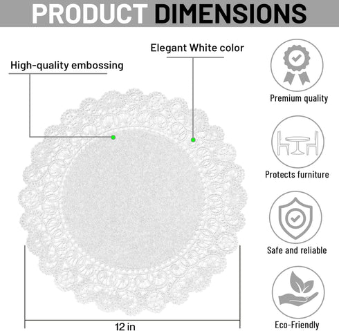 Round Paper Lace Table Doilies – 12 inch White Decorative Tableware Disposable Placemats; Made in Canada (Pack of 50)...