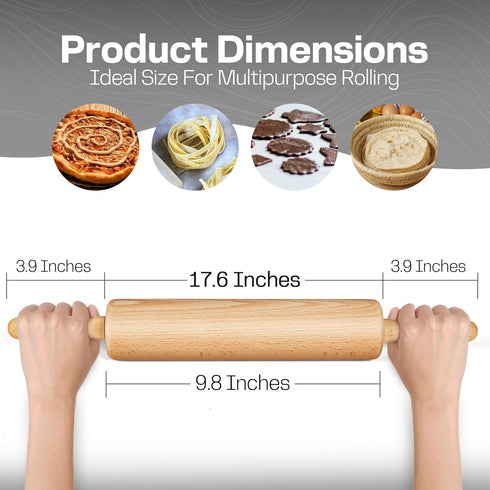 All-Purpose 17.6 Inch Beech Wood Non-Stick Rolling Pin - For Baking, Pizza, Pasta, Pie, Cookies, Pastry....