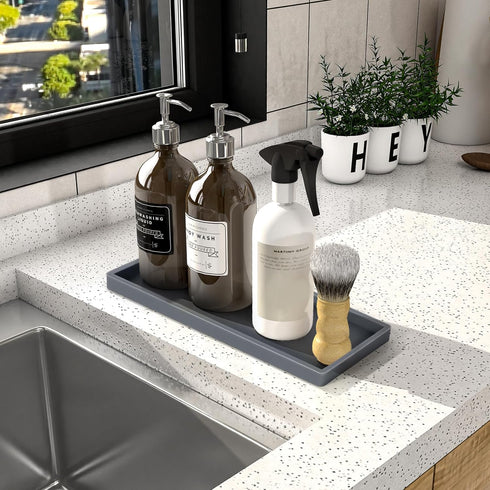 2PCS Bathroom Vanity Tray, 10'' Silicone Bathroom Counter Tray, Flexible Shatterproof Kitchen Sink Tray for Soap Dispenser, Rectangle Countertop V...