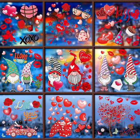 Whaline 149Pcs Valentine's Day Window Cling Stickers Double-Sided Heart Elf Gnome Love Rose Decals PVC Waterproof Window Stickers Decor for Weddin...
