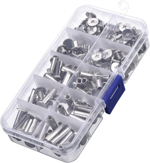Pangda 80 Sets Chicago Screw Leather Rivets Assorted Kit Chicago Binding Screws 5 Sizes Metal Round Cross Head Stud Screw Post Nail Rivet Button f...