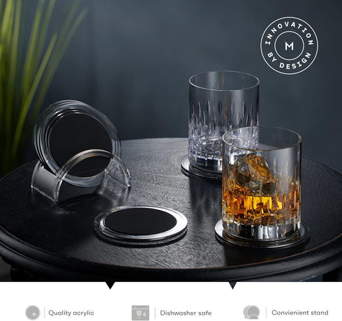 Acrylic Drink Coasters Set of 6 | Premium Stylish Black 4 Inch Coaster Set for Tabletop, Coffee Table Protection | Coasters Will Not Scratch Your ...