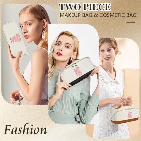 2Pack Personalized Makeup Bag,Preppy Stuff Cosmetic Bag with Initial Makeup Brush Bag Mother's Day Gift Travel Makeup Bag Pouch Monogram Makeup Ba...