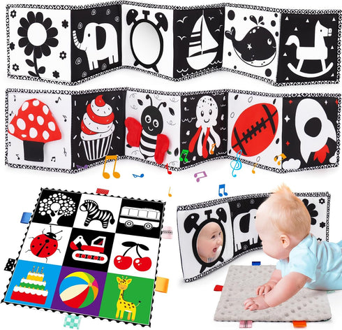 2 PCS Black and White High Contrast Baby Toys 0-6 Months Soft Crinkle Book for Early Education Montessori Sensory Toys for Newborn Brain Developme...