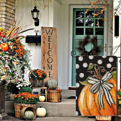 Fall Garden Flag 12x18 Inch Double Sided, Pumpkin with Bowknot White Dots Small Yard Flags for Outdoor,Seasonal Decor for Thanksgiving Autumn Farm...