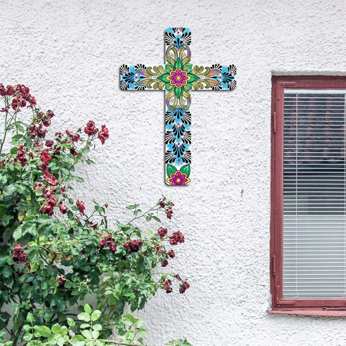 Floral Cross Wall Decor Hand Painted Decorative Inspirational Wooden Cross Mexican Art Wall Decor Mexican Crucifix for Home Room Church Decoration...