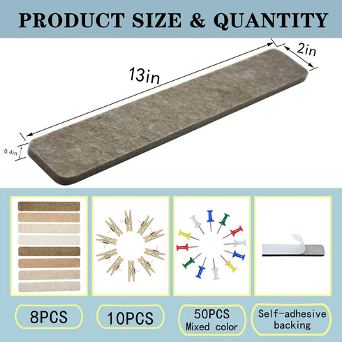 8Pcs Bulletin Board Strips, Camel-Brown Felt Pin Board Bar Strips with 50 Pushpins, Self-Adhesive Felt Cork Board Strips for Wall to Display Your ...