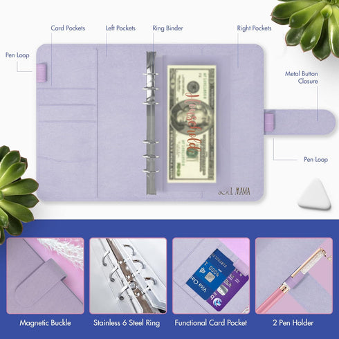 SOUL MAMA Budget Binder with Cash Envelopes - Purple Money Organizer for Cash, A6 Binder Cash Envelopes for Budgeting, Money Saving Binder with Ro...