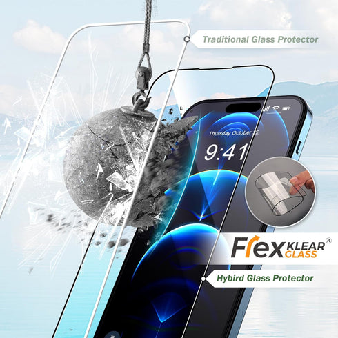 Flexklearglass® Unbreakable Hybrid Glass Screen Protector for iPhone 15 Pro, 9H Hardness as Tempered Glass with Auto Installation Kit, Ultra HD Cl...
