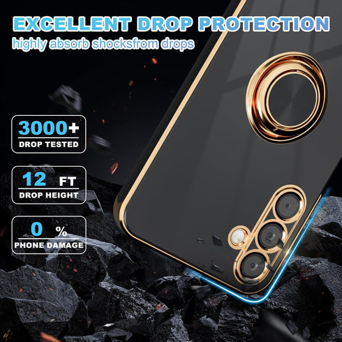 for Galaxy A15 5G Phone Case,+Screen Protector,with Magnetic Kickstand,Built-in 360° Rotation Ring Holder,Plating Gold Edge Slim Soft TPU Shockpro...